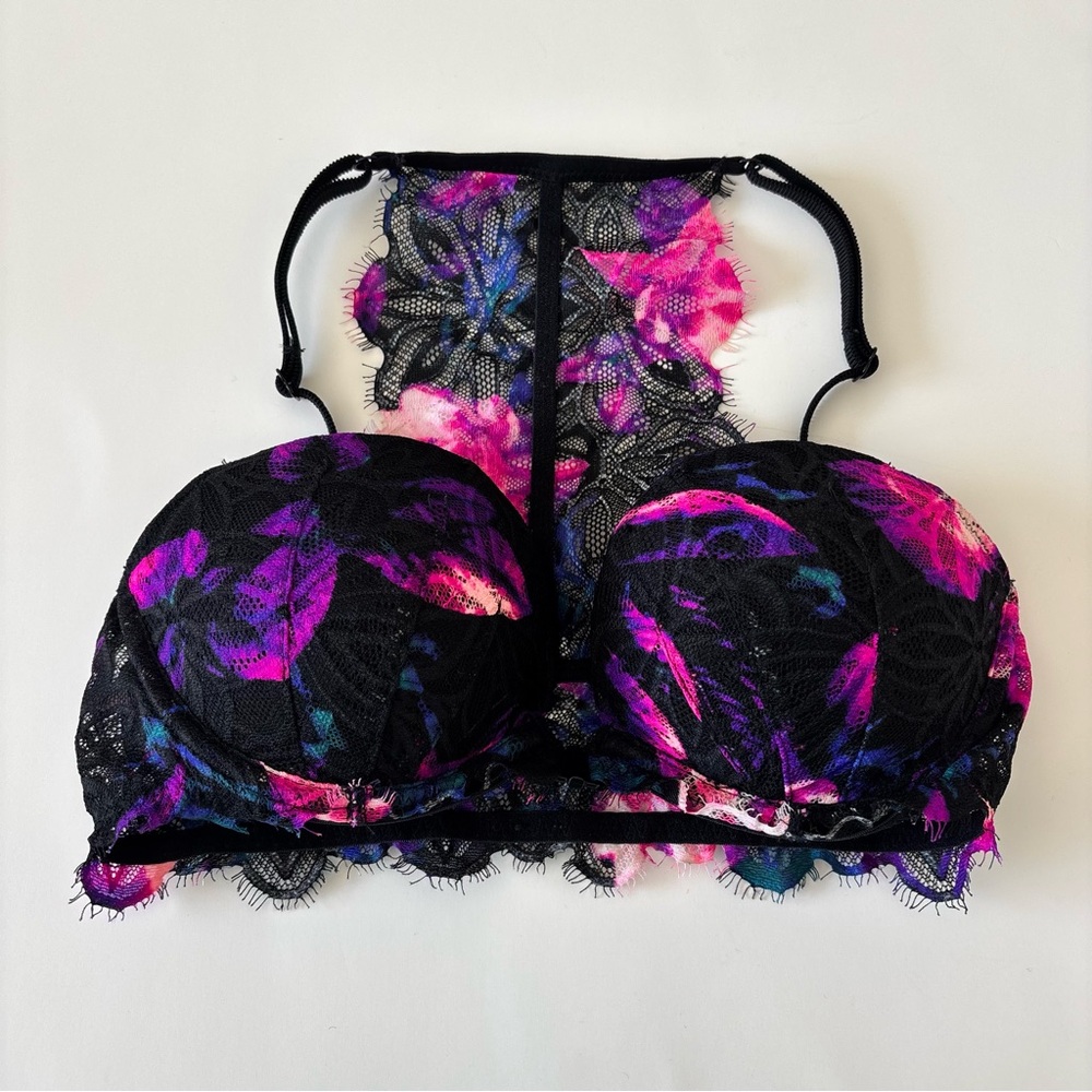 Victoria’s Secret Pink Date Padded Black and Pink Floral Racerback Bra